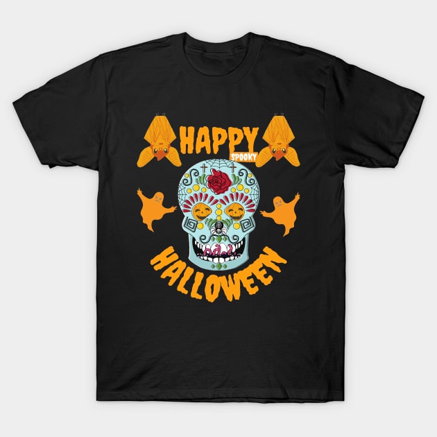 Happy Spooky Halloween Pumpkin Eyes Skeleton Bats & Ghosts T-Shirt by Jo3Designs